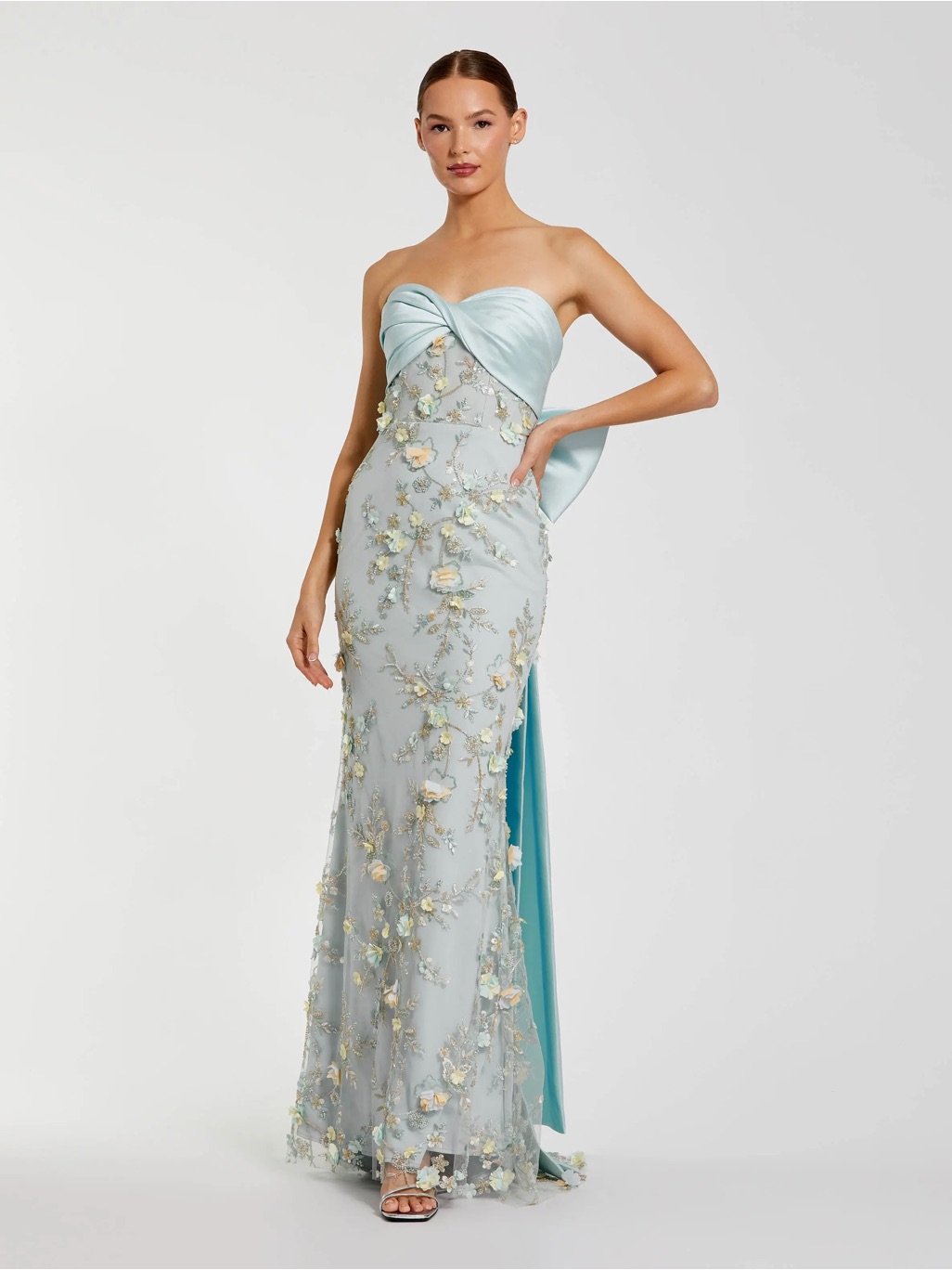 Mac Duggal 21102 Blue Strapless Sweetheart Embellished Gown With Bow Sz 12